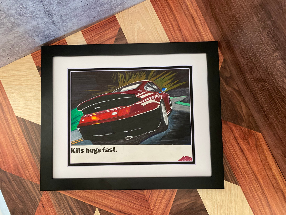 Framed Porsche Kills Bugs Fast poster recreation displayed against a textured wall